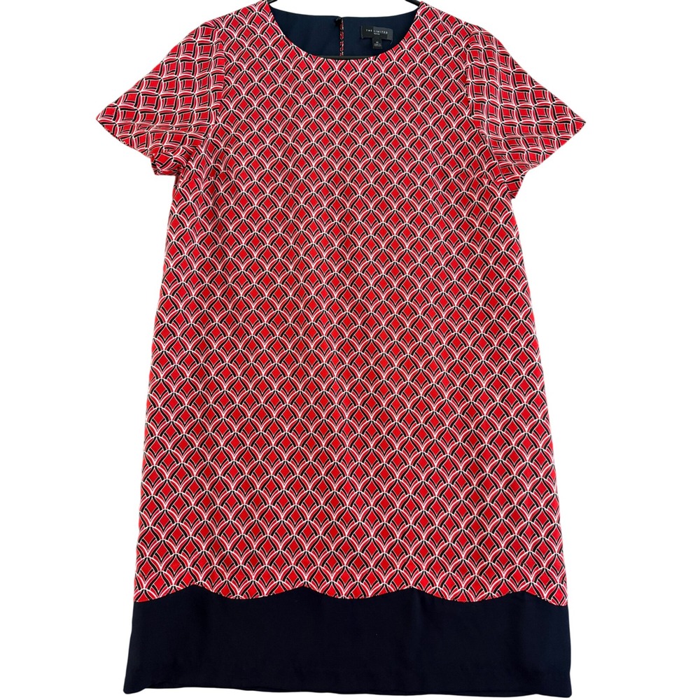 The Limited Petite Red Geometric Art Deco Scalloped Hem Shift Dress Medium M
